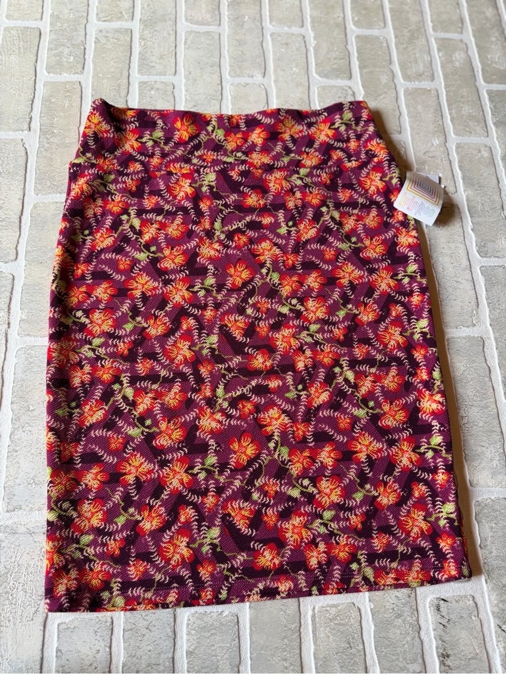 LuLaRoe Maroon Floral Pencil Skirt with Red and Green Accents